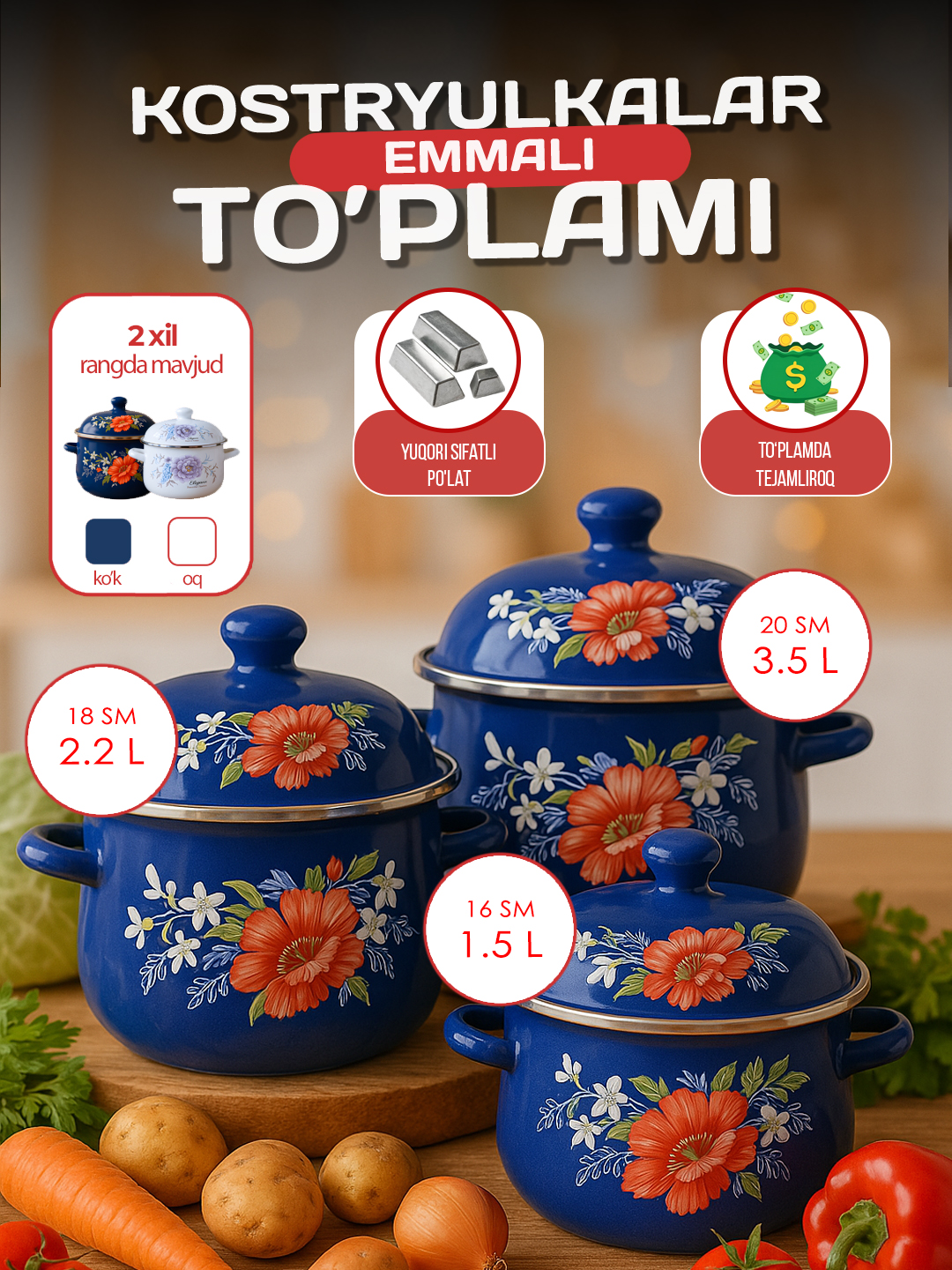 Набор эмалевых кастрюль, с крышками, кастрюли для кухни, 1.5, 2.2, 3.5 л - 