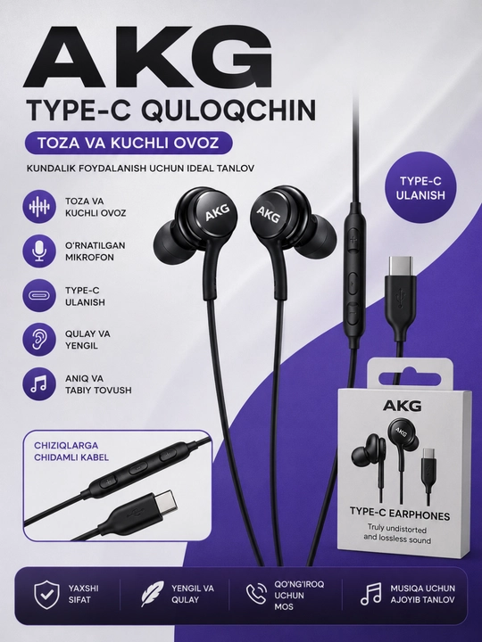 AKG Type-C simli quloqchin, mikrofonli, stereo ovoz, qora - 