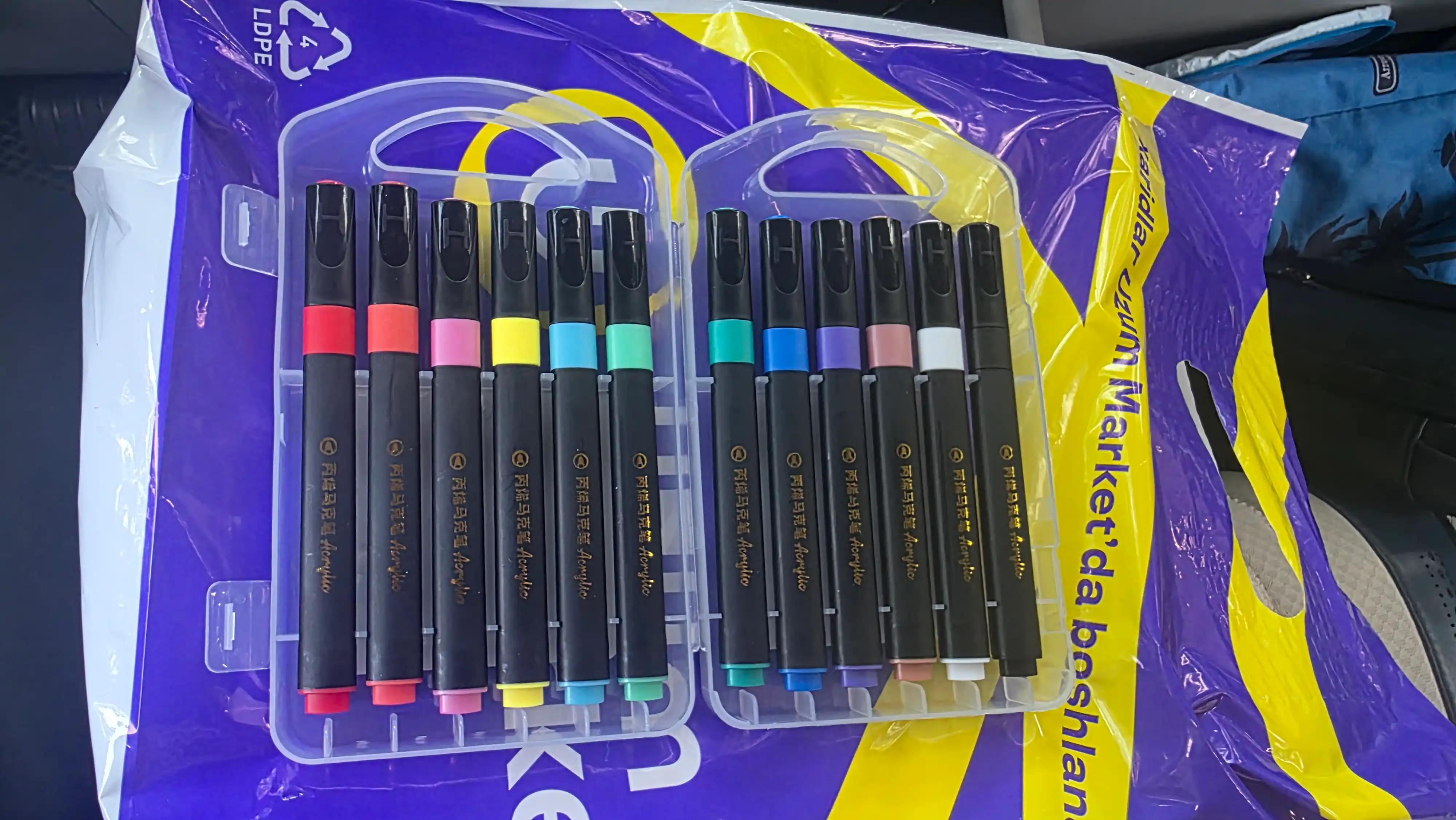 12, 18, 24 rangli akril markerlar to‘plami, suvga chidamli bo‘yoqli marker, plastik qutida
