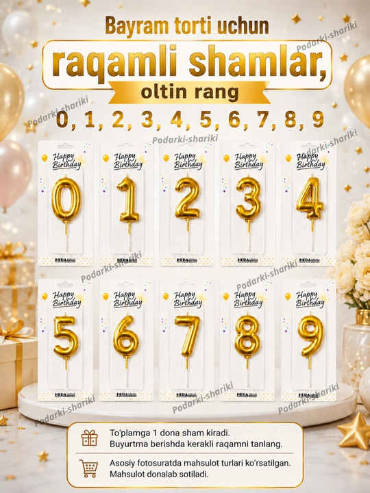 Свечи-цифры для праздничного торта, золотой цвет 0, 1, 2, 3, 4, 5, 6, 7, 8, 9 - 