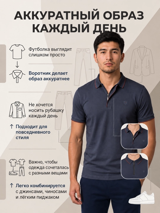 Мужская поло-футболка с воротником на молнии и коротким рукавом - 