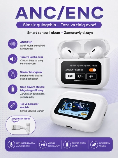 ANC/ENC simsiz Bluetooth quloqchin, sensorli ekranli zaryadlash qutisi - 