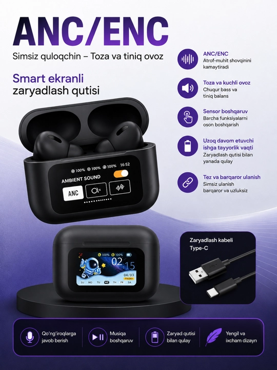 ANC/ENC simsiz Bluetooth quloqchin, sensorli ekranli zaryadlash qutisi - 