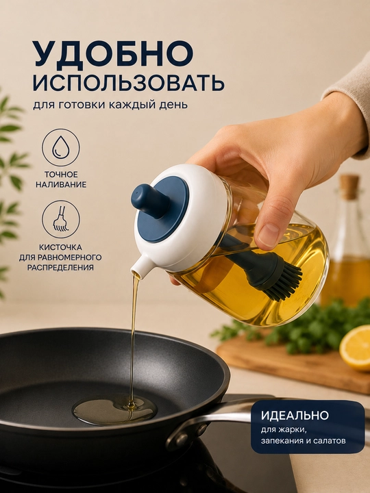 Silikon cho'tkali yog' idishi, dozatorli shisha yog' idishi va quyish tumshug'i bilan