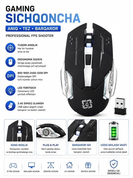 Simsiz gaming sichqoncha 2.4G USB, sozlanadigan DPI, LED yoritgich, qora