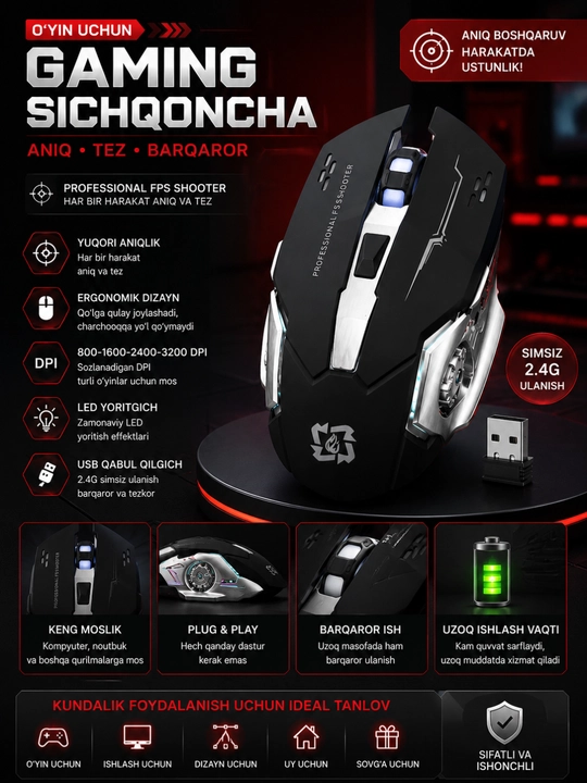 Simsiz gaming sichqoncha 2.4G USB, sozlanadigan DPI, LED yoritgich, qora