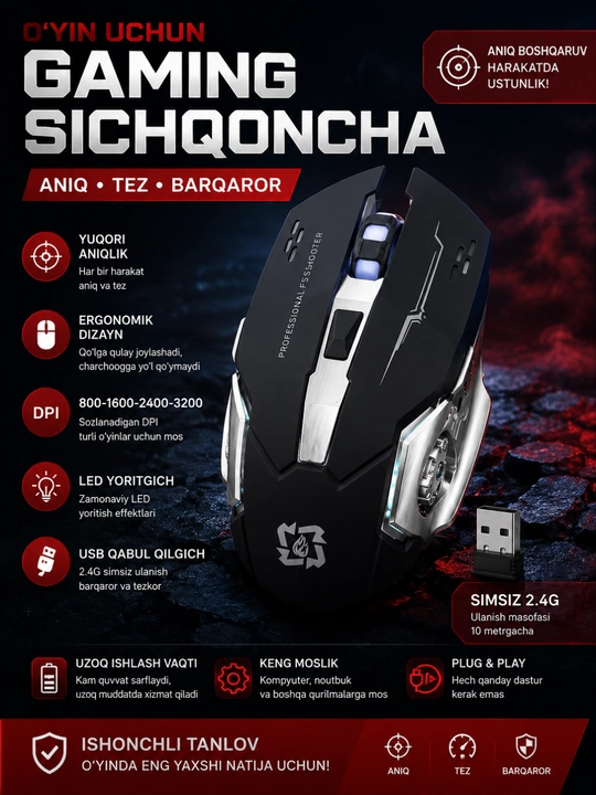 Simsiz gaming sichqoncha 2.4G USB, sozlanadigan DPI, LED yoritgich, qora - 