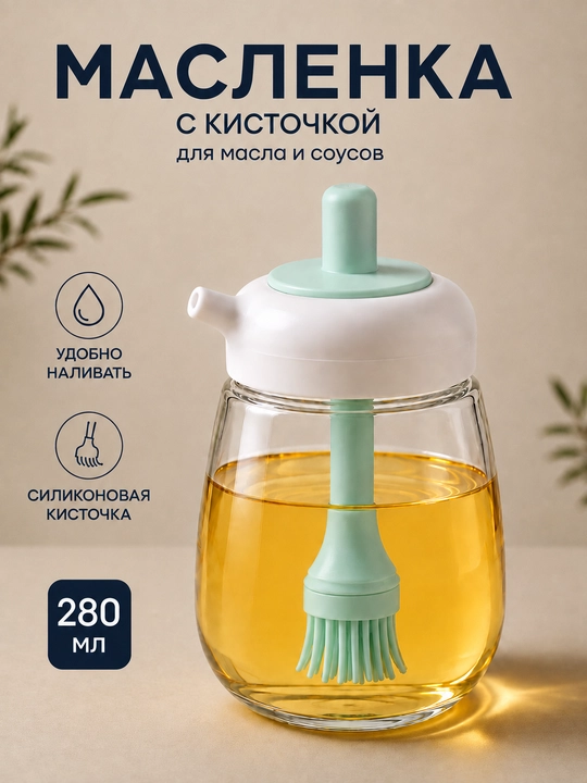 Silikon cho'tkali yog' idishi, dozatorli shisha yog' idishi va quyish tumshug'i bilan - 
