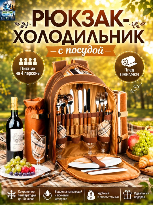 Набор посуды для пикника, на 4 персоны, рюкзак холодильник с пледом - 