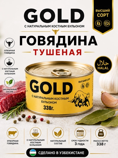 Говядина тушеная GOLD, 325 г, мясные консервы - 