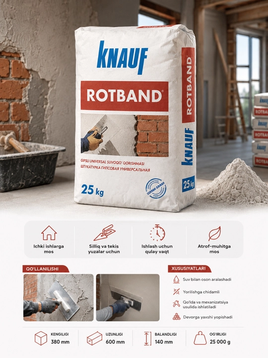 Knauf Rotband gipsli universal suvoq, ichki devor va shiftlar uchun, qo'lda surtish, 25 kg - 