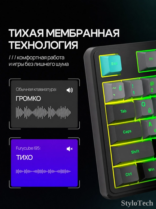 Клавиатура игровая мембранная, бесшумная и компактная, водонепроницаемая c RGB подсветкой
