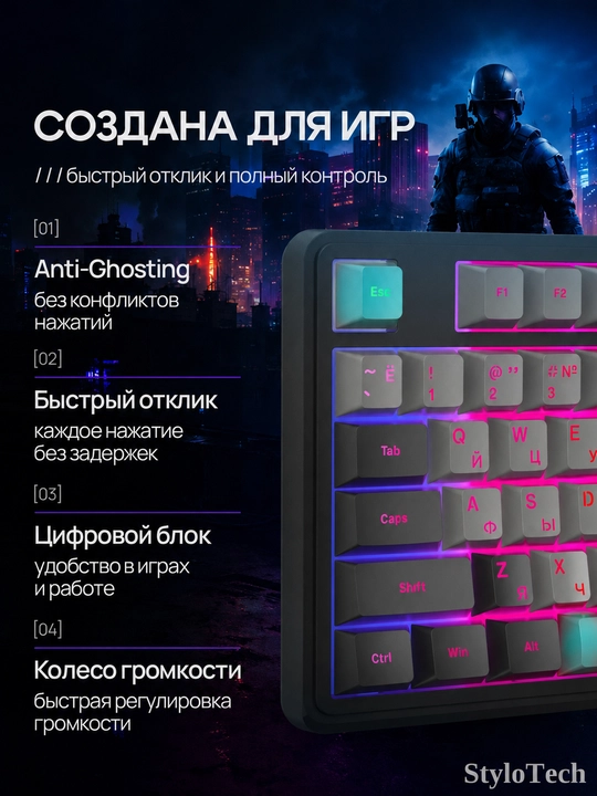 Клавиатура игровая мембранная, бесшумная и компактная, водонепроницаемая c RGB подсветкой