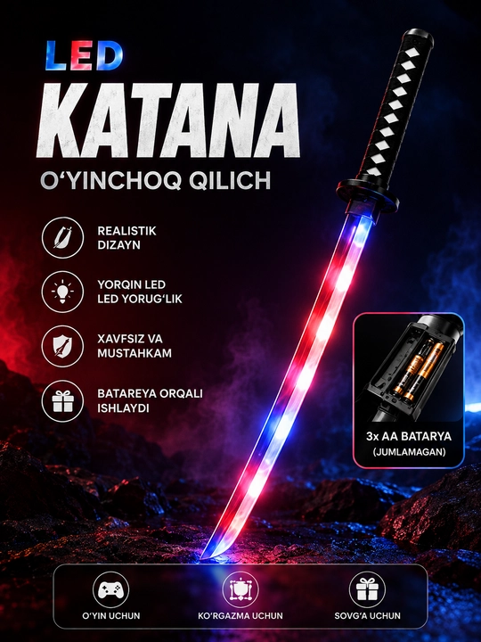 Bolalar uchun LED chiroqli katana o‘yinchoq qilich, qinli, rangli yorug‘lik - 