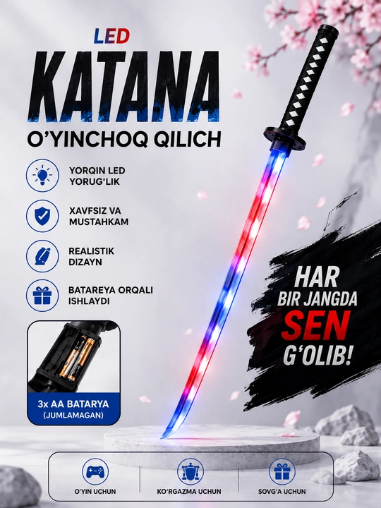 Bolalar uchun LED chiroqli katana o‘yinchoq qilich, qinli, rangli yorug‘lik