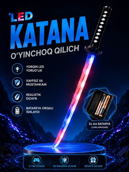 Bolalar uchun LED chiroqli katana o‘yinchoq qilich, qinli, rangli yorug‘lik