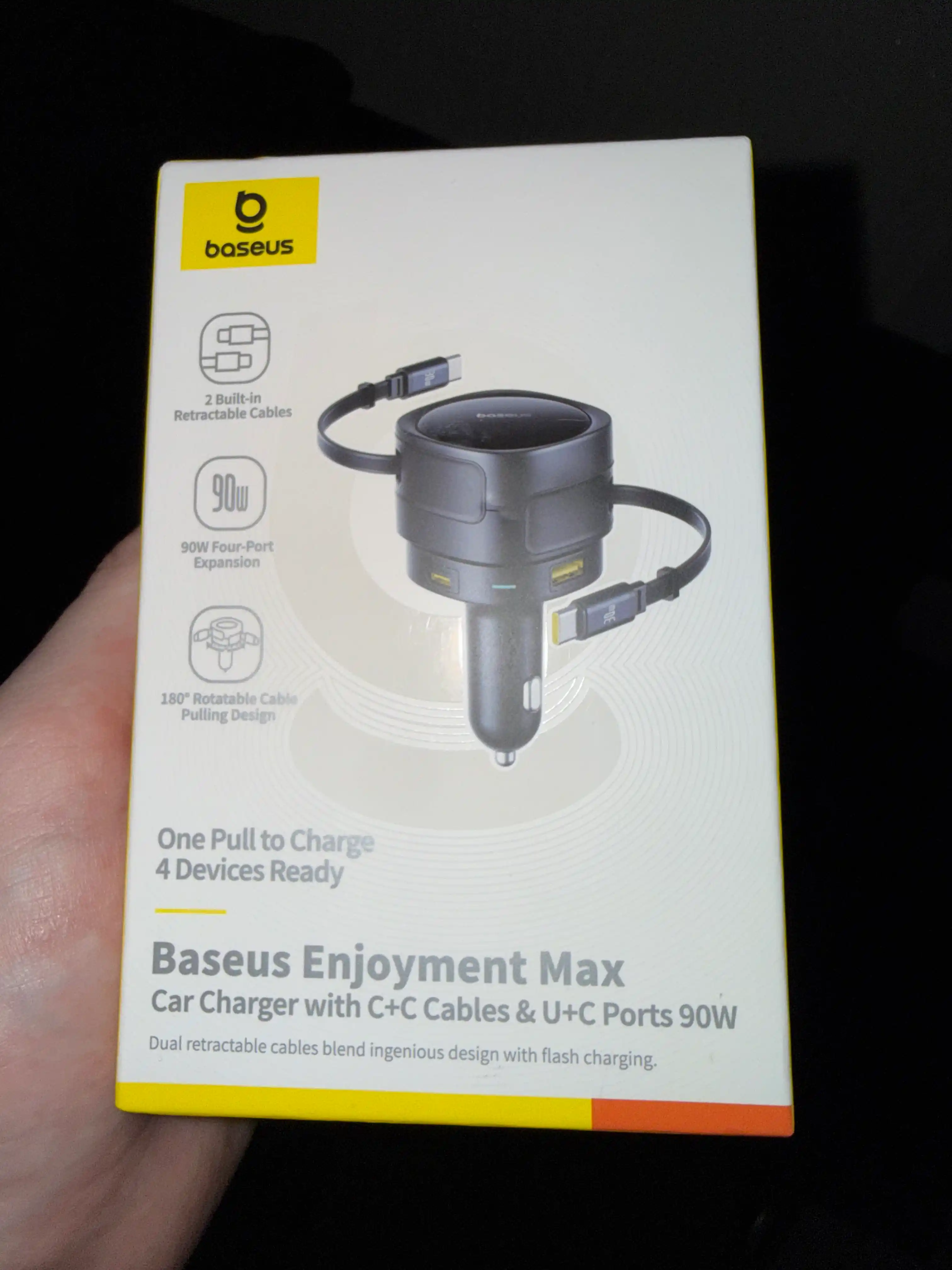 Avto quvvatlagich Baseus Enjoyment Max 90W, tortiladigan Type-C kabellari