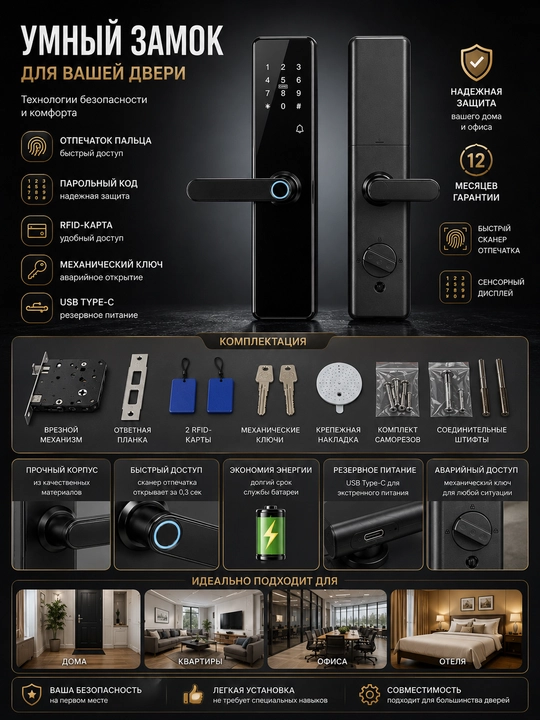 VIN-ZAMOK,SMART LOCK 0010, elektron eshik tutkich - 