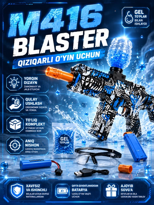 M416 o‘yinchoq gel blaster, USB quvvatlash, 14+ va 2 ta rang - 