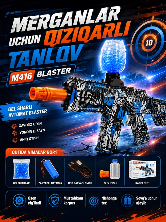 M416 o‘yinchoq gel blaster, USB quvvatlash, 14+ va 2 ta rang