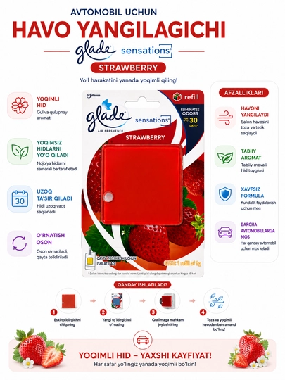 Avtomobil havo yangilagichi Glade Sensations refill qulupnay shaftoli aromati