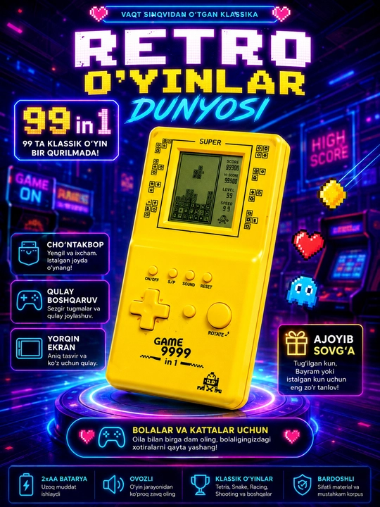 Portativ retro o‘yin konsoli E-9999, Tetris va klassik o‘yinlar, bolalar uchun - 