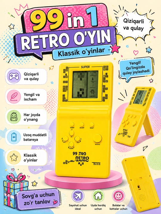 Portativ retro o‘yin konsoli E-9999, Tetris va klassik o‘yinlar, bolalar uchun