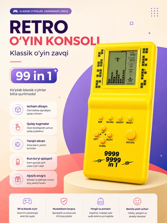 Portativ retro o‘yin konsoli E-9999, Tetris va klassik o‘yinlar, bolalar uchun
