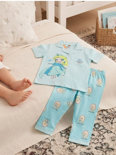 Qizlar uchun paxtali pijama Frozen uslubi qisqa yengli ko'k to'plam - 