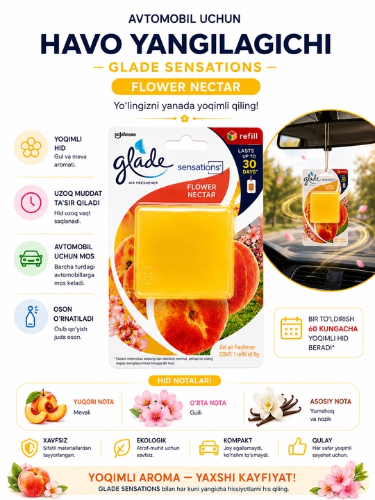 Avtomobil havo yangilagichi Glade Sensations refill qulupnay shaftoli aromati