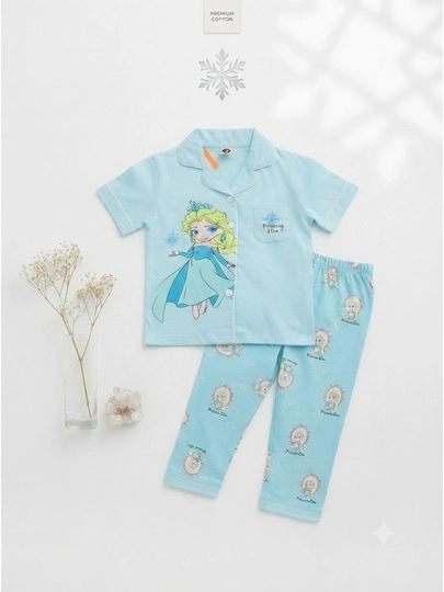 Qizlar uchun paxtali pijama Frozen uslubi qisqa yengli ko'k to'plam