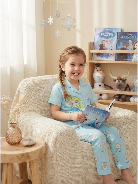 Qizlar uchun paxtali pijama Frozen uslubi qisqa yengli ko'k to'plam