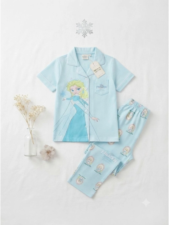 Qizlar uchun paxtali pijama Frozen uslubi qisqa yengli ko'k to'plam