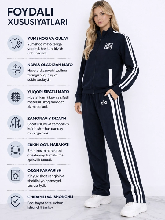 Ayollar sport kostyumi ikki qismli fermuarli trening kiyimi chiziqli to'q ko'k
