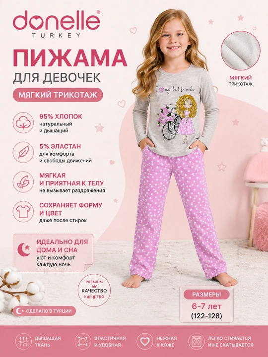 Пижама для девочек Donella, с длинными рукавами и брюками, на 6–7 лет - 
