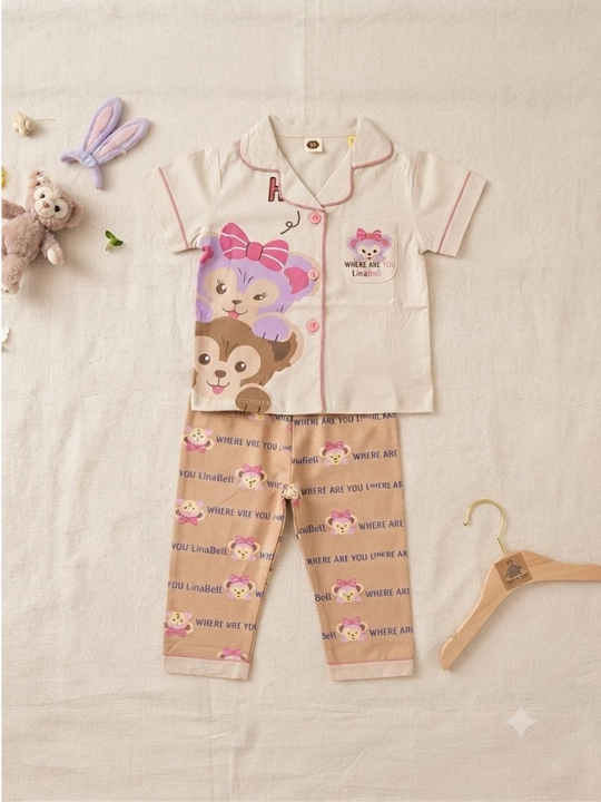 Qizlar uchun paxtali pijama to‘plami, qisqa yengli ko‘ylak va shim, multfilm print - 