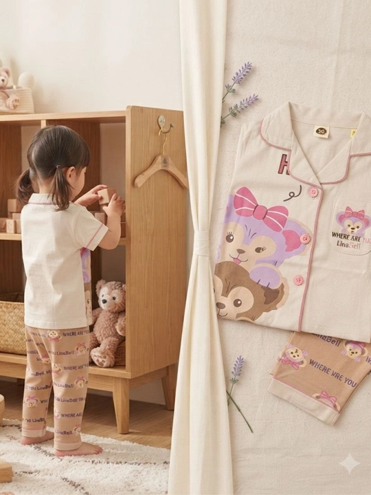 Qizlar uchun paxtali pijama to‘plami, qisqa yengli ko‘ylak va shim, multfilm print
