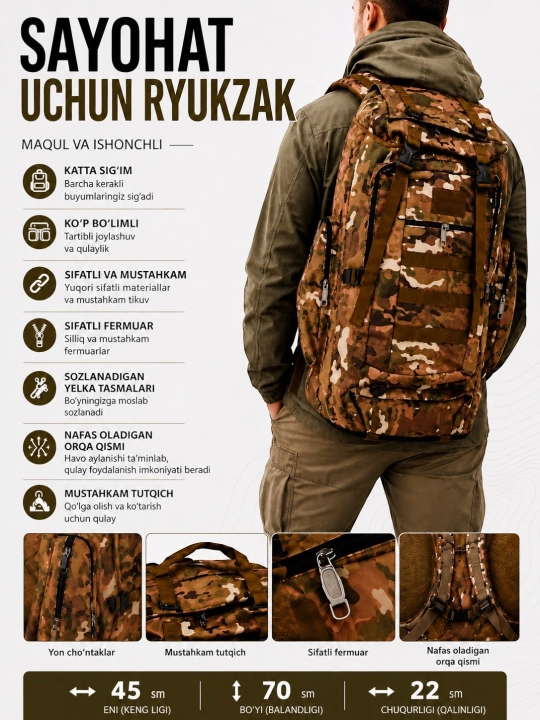 Ryukzak universal, sayohat, qol yuki, taktik, ov, mashq uchun sumka - 