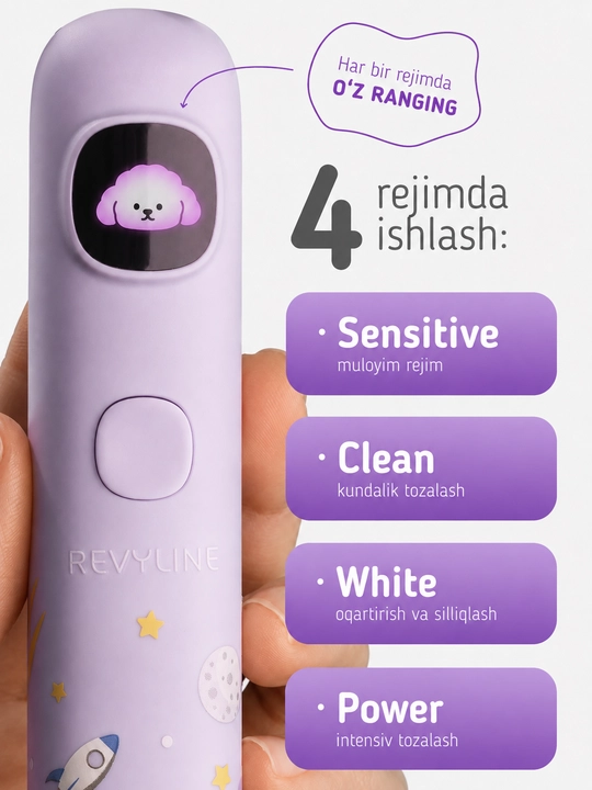 Bolalar uchun elektr tovushli tish cho‘tkasi Revyline RL 095  4 rejim, 7+ yosh