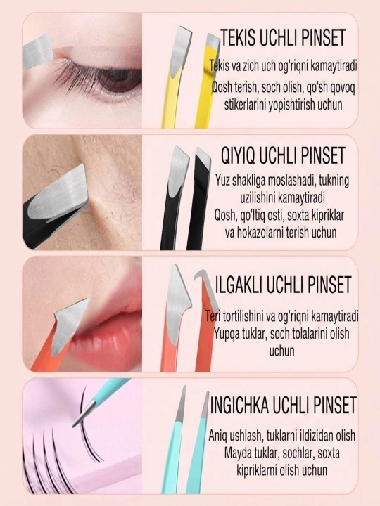 Premium qosh terish pinceti, egri uchli kosmetik pinset, zanglamaydigan po‘lat