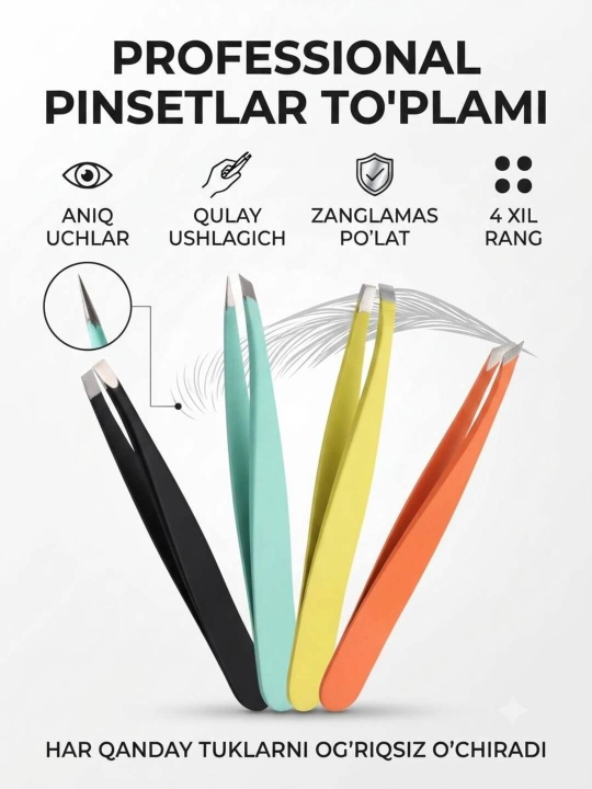 Premium qosh terish pinceti, egri uchli kosmetik pinset, zanglamaydigan po‘lat - 