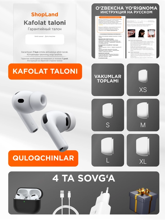 Simsiz quloqchinlar Pods Pro 3 ANC Premium, iPhone va Android uchun naushnik (4ta sovg'a)