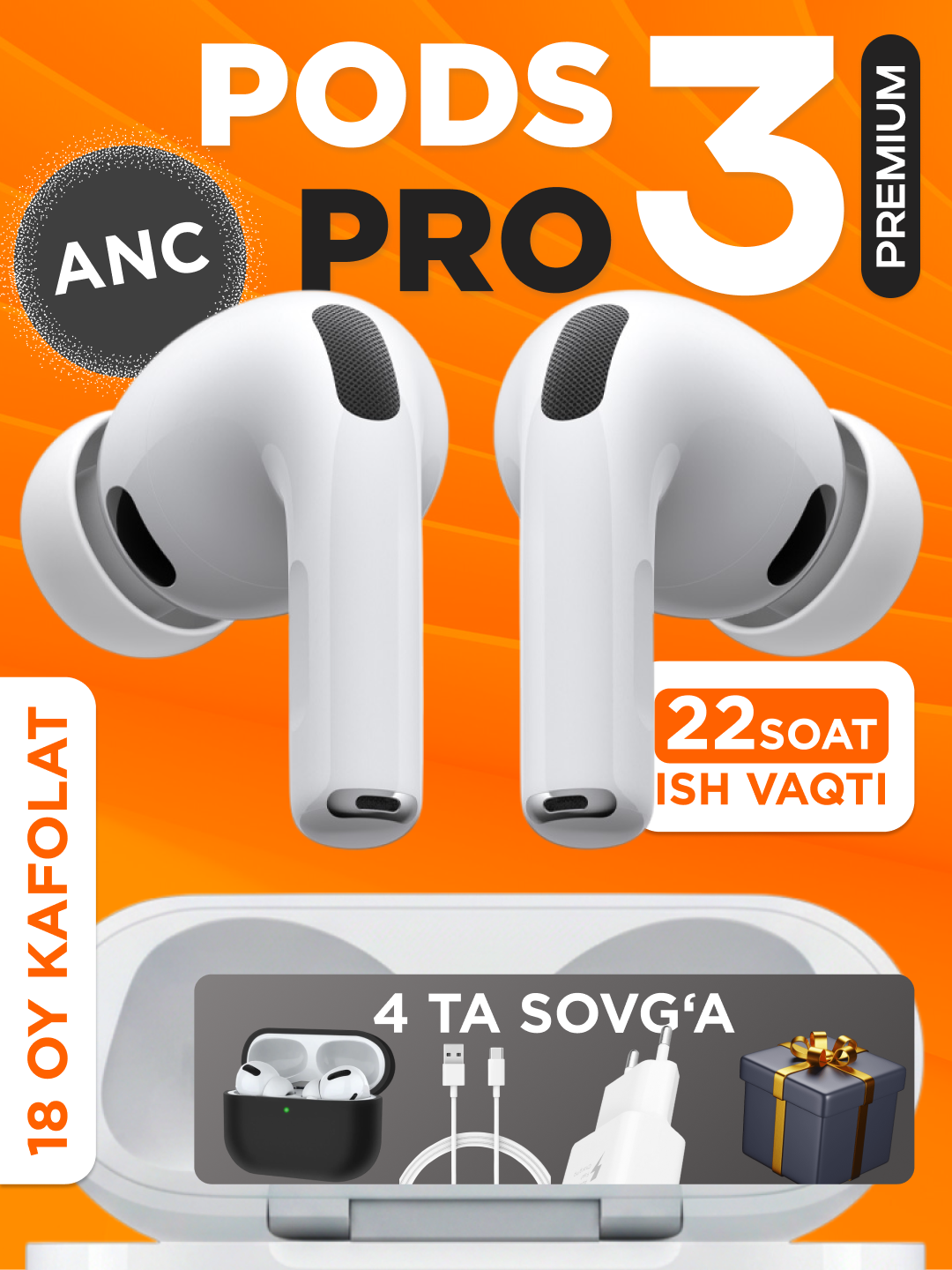 Simsiz quloqchinlar Pods Pro 3 ANC Premium, iPhone va Android uchun naushnik (4ta sovg'a) - 