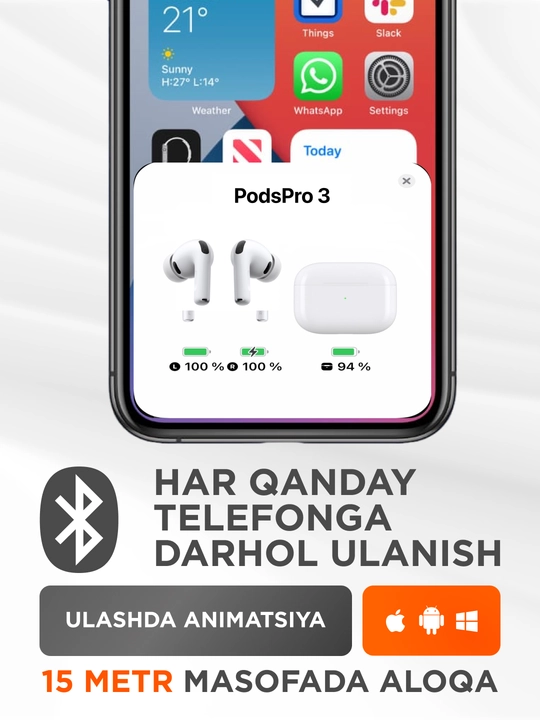 Simsiz quloqchinlar Pods Pro 3 ANC Premium, iPhone va Android uchun naushnik (4ta sovg'a)