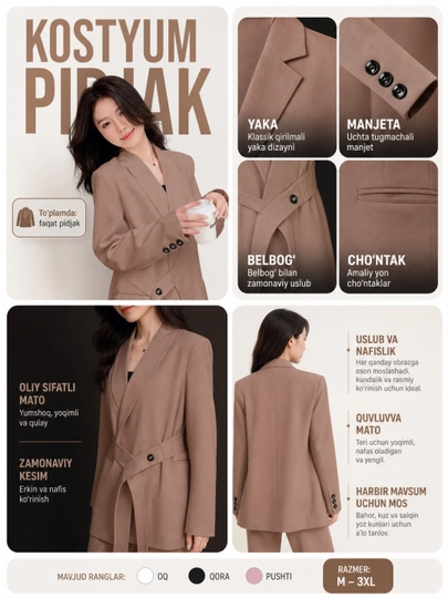 Ayollar pidjagi , kostyum ayollar uchun(shimsiz), blazer, astarli jaket, bahor-kuz, M-3XL
