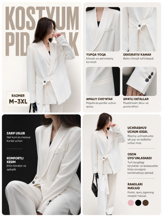 Ayollar pidjagi , kostyum ayollar uchun(shimsiz), blazer, astarli jaket, bahor-kuz, M-3XL