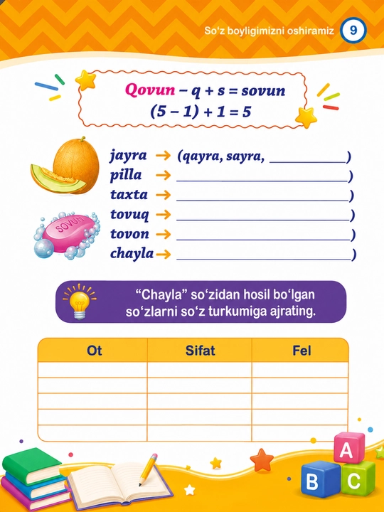 10 yoshdan oshgan bolalar uchun lug‘at boyligini, rebuslar, so‘z o‘yinlari va topshiriqlarni rivojlantirmoqdamiz