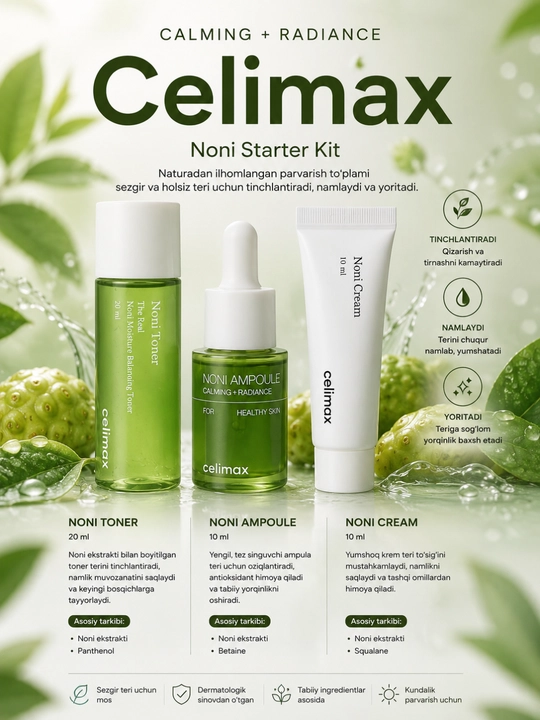 Celimax Noni Starter Kit Mini Set - Zardob tonerlari to‘plamlari, yuz uchun kremlar