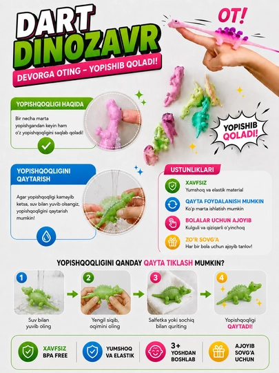 Darts Dinozavr Devorga Yopishuvchi Uchar O'yinchoq, Elastik, 3+ Yosh