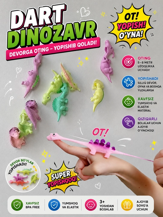 Darts Dinozavr Devorga Yopishuvchi Uchar O'yinchoq, Elastik, 3+ Yosh